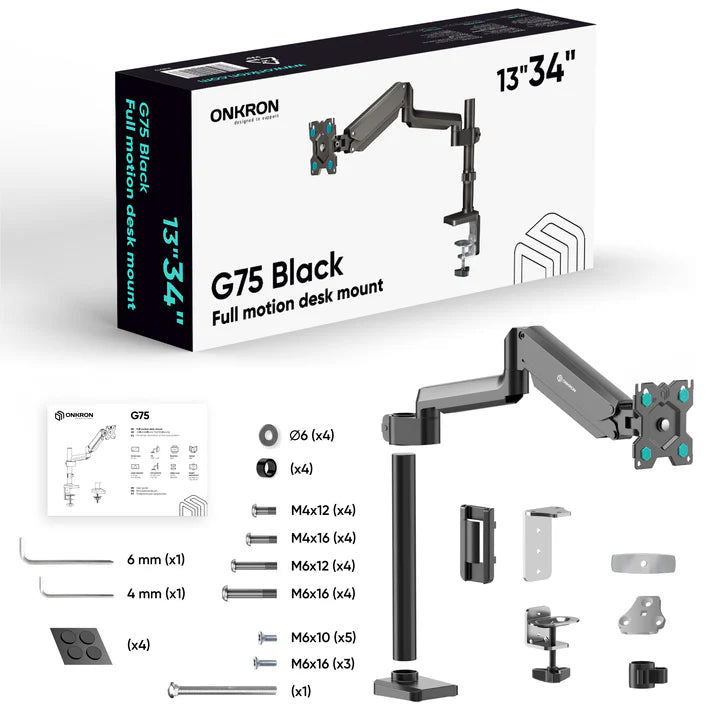 G75 noir, Support de bureau pour écrans de 13" à 34", 12 kg max